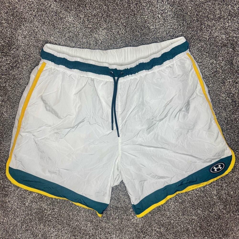 Under Armour Icon Woven Track Shorts Mens Medium White Teal Yellow Retro Logo M